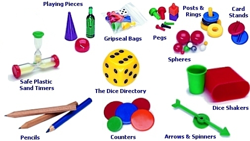 Plastic games pieces, dice, arrow spinners, Counters and plastic Sand Timers for board games and promotions.